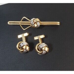 Vintage MCM Swank Tie Clip & Cufflinks Love Knot Gold/Silver Tone Wedding Formal